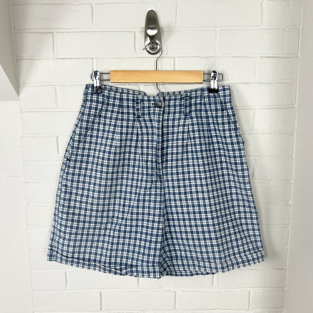 Vintage Authentic Kikomo Style 80’s Blue Plaid Linen Cotton High Rise Shorts